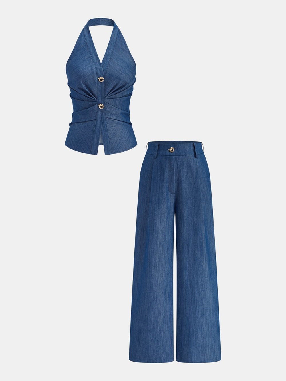 Faux Denim Halter Ruched Top & Pants Set